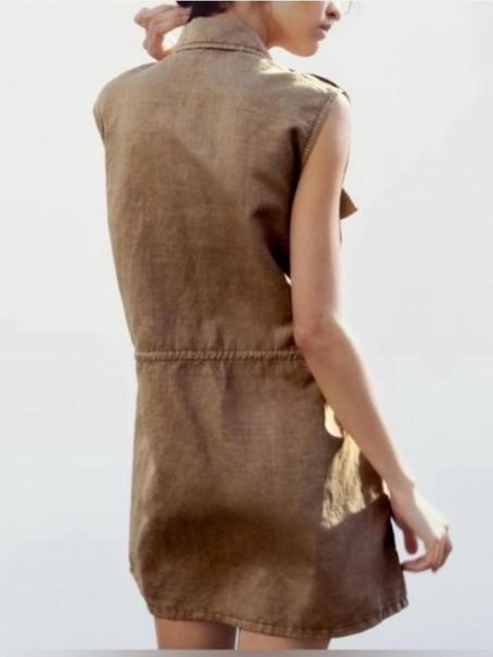 Zara Tan Safari Cargo Buttoned Mini Dress. Waist Drawstring. - Picture 3 of 12